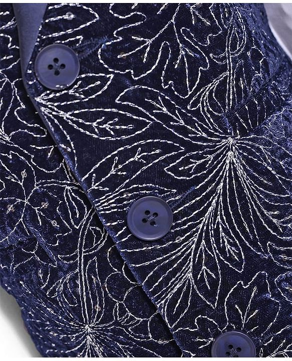 Babyhug Woven Full Sleeves Floral Embroidered Textured 3 Piece Party Suit with Bow - Navy Blue