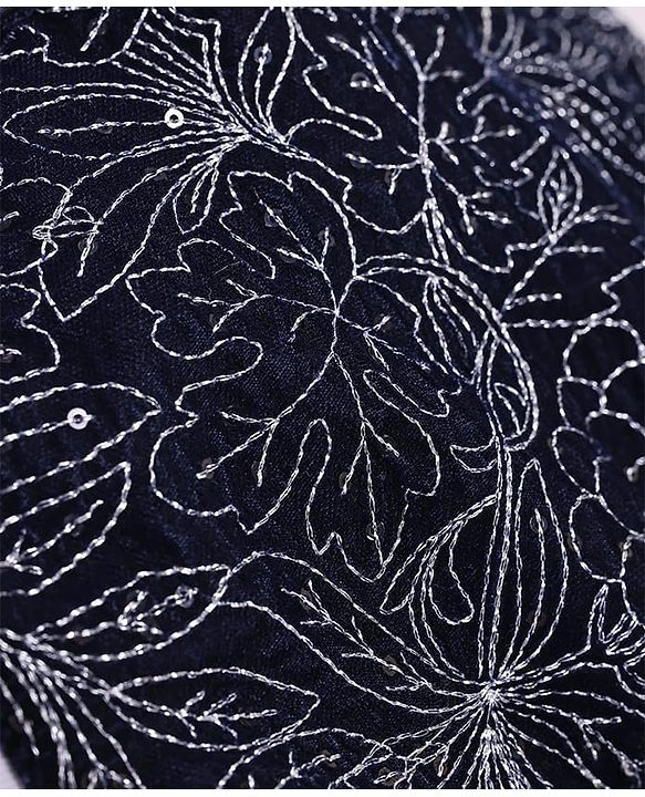 Babyhug Woven Full Sleeves Floral Embroidered Textured 3 Piece Party Suit with Bow - Navy Blue
