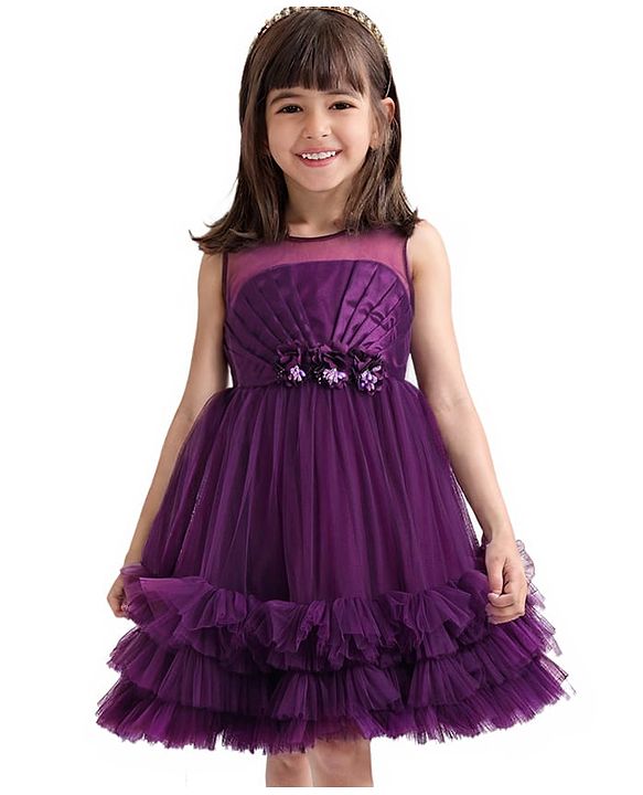 Babyhug Woven Sleeveless Fit and Flare Party Frock with Corsage & Frill Details At Hem - Wine