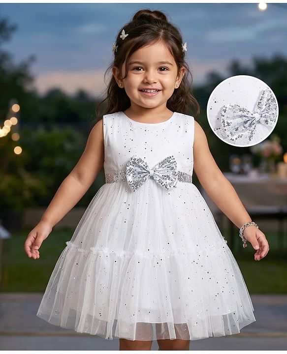 Babyhug Woven Sleeveless Foil Printed Fit & Flared Party Frock with Bow Applique - White