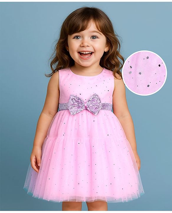 Babyhug Woven Sleeveless Foil Printed Fit & Flared  Party Frock with Bow Applique - Pink