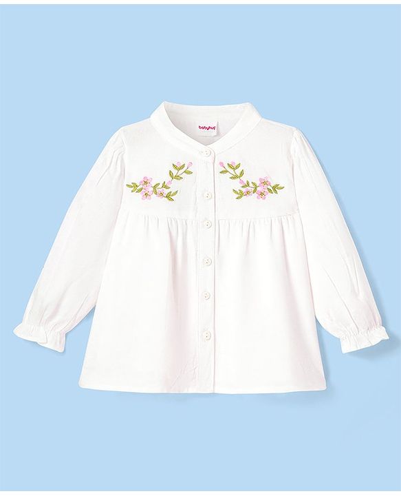 Babyhug Rayon Woven Full Sleeves Mandarin Collared Top with Floral Embroidery - White