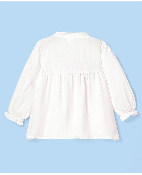 Babyhug Rayon Woven Full Sleeves Mandarin Collared Top with Floral Embroidery - White
