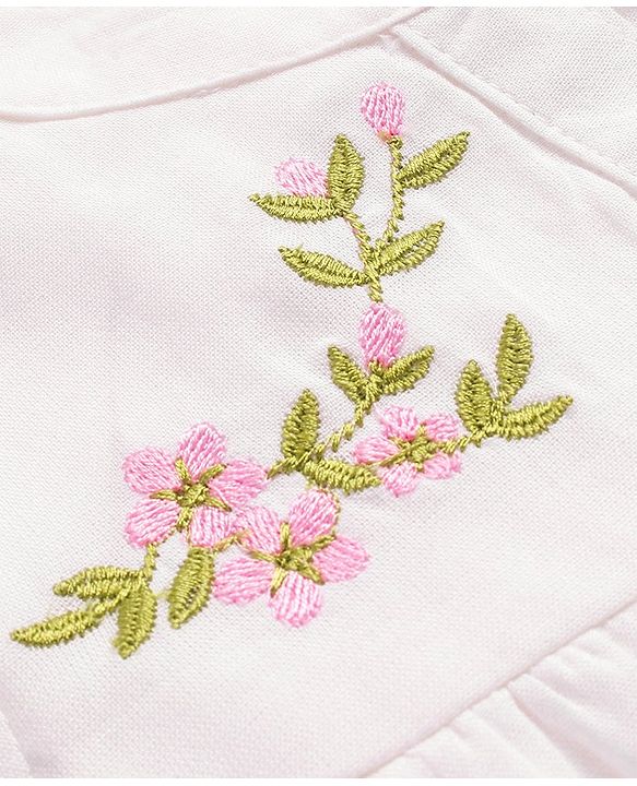 Babyhug Rayon Woven Full Sleeves Mandarin Collared Top with Floral Embroidery - White