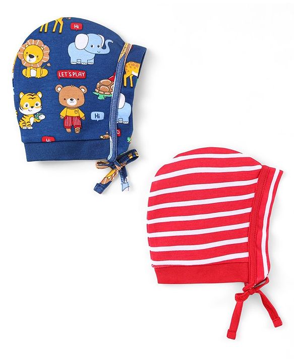 Babyhug 100% Cotton Knit Caps With Stripes & Animal Print Pack Of 2 - Red & Navy