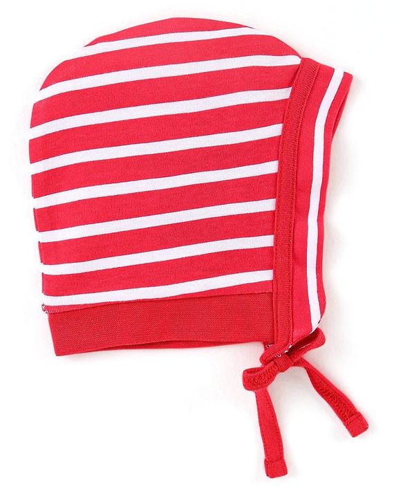 Babyhug 100% Cotton Knit Caps With Stripes & Animal Print Pack Of 2 - Red & Navy