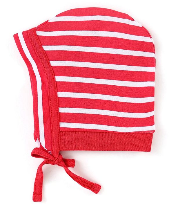 Babyhug 100% Cotton Knit Caps With Stripes & Animal Print Pack Of 2 - Red & Navy