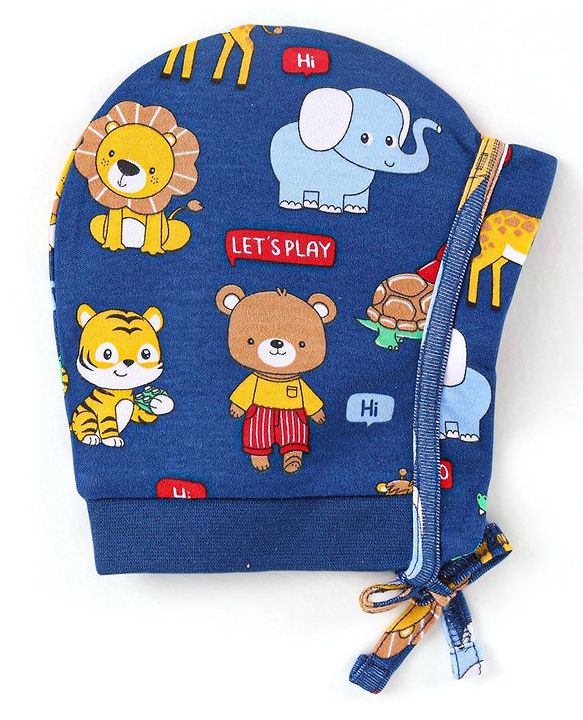 Babyhug 100% Cotton Knit Caps With Stripes & Animal Print Pack Of 2 - Red & Navy