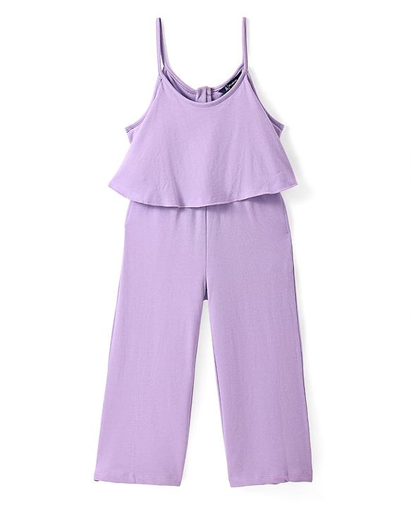 Pine Kids Cotton Knit Solid Colour Dungaree & Half Sleeves T-Shirt - Purple & Yellow