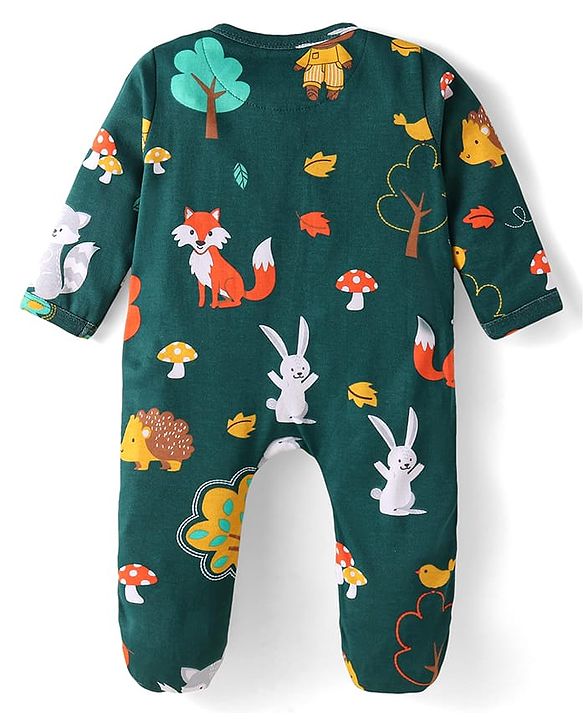 Babyhug Cotton Knit Full Sleeves Footed Sleepsuit with Animal Print - Dark Green