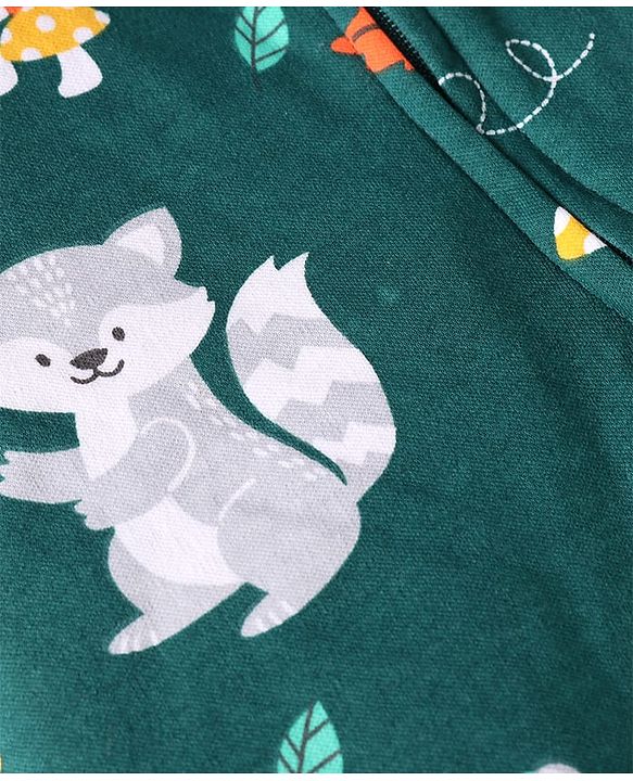 Babyhug Cotton Knit Full Sleeves Footed Sleepsuit with Animal Print - Dark Green