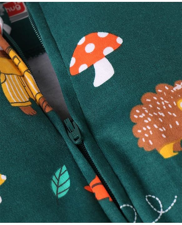 Babyhug Cotton Knit Full Sleeves Footed Sleepsuit with Animal Print - Dark Green