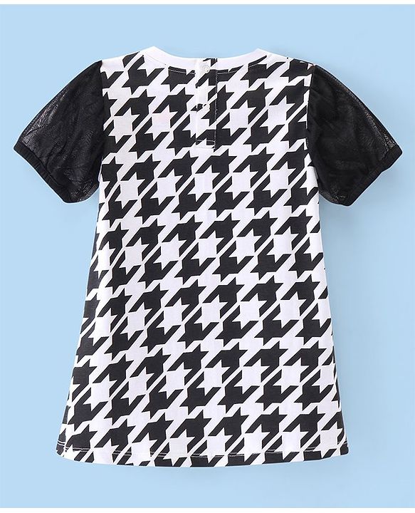 Babyhug Disney Cotton Knit Half Mesh Detailed Sleeves Frock With Mickey Mouse Graphics & Sequins Detailing - Black & White