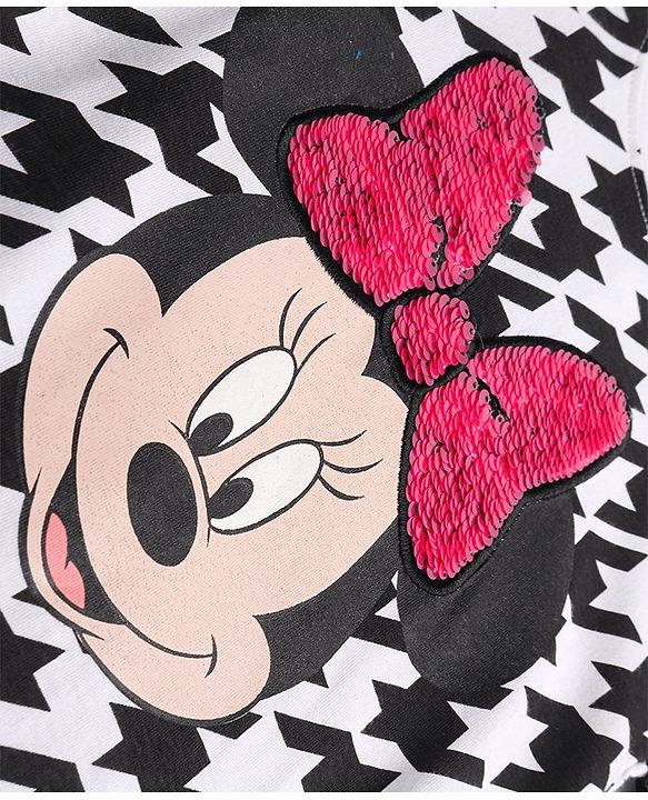 Babyhug Disney Cotton Knit Half Mesh Detailed Sleeves Frock With Mickey Mouse Graphics & Sequins Detailing - Black & White