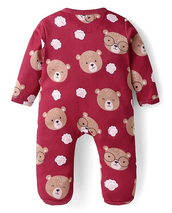 Babyhug Cotton Knit Full Sleeves Sleep Suit With Teddy Bear Print - Maroon