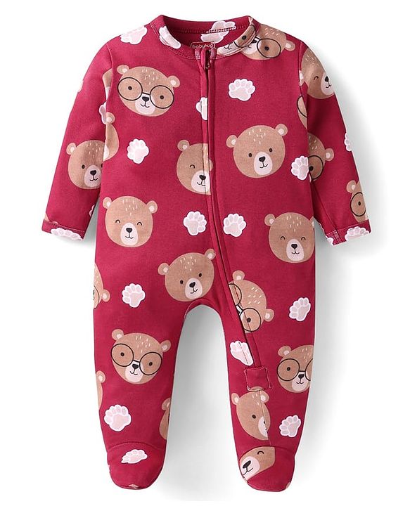 Babyhug Cotton Knit Full Sleeves Sleep Suit With Teddy Bear Print - Maroon