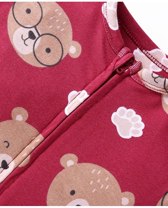 Babyhug Cotton Knit Full Sleeves Sleep Suit With Teddy Bear Print - Maroon