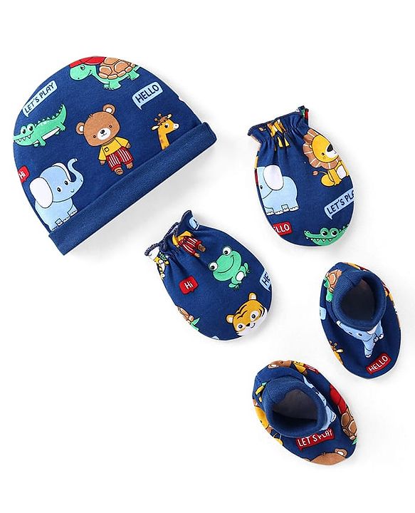 Babyhug 100% Cotton Interlock Knit Cap Mitten & Booties with Animal   Print -Navy Blue