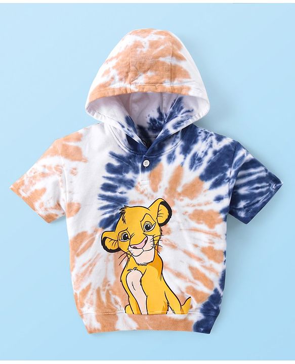 Babyhug Disney Cotton Knit Half Sleeves Hooded Tie & Dye Sweatshirt & Shorts Set With Lion King Graphics & Badge Detailing - Brown & Navy