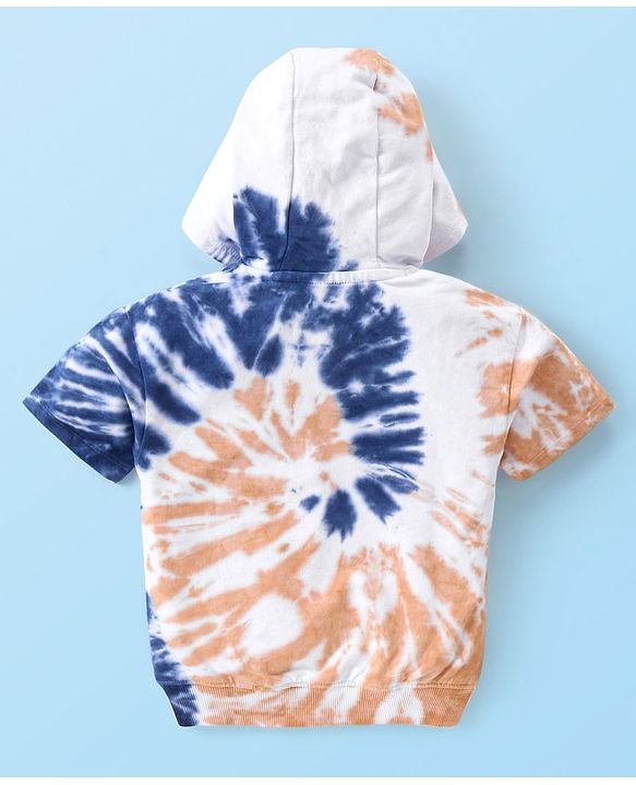 Babyhug Disney Cotton Knit Half Sleeves Hooded Tie & Dye Sweatshirt & Shorts Set With Lion King Graphics & Badge Detailing - Brown & Navy
