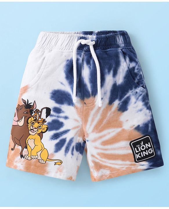 Babyhug Disney Cotton Knit Half Sleeves Hooded Tie & Dye Sweatshirt & Shorts Set With Lion King Graphics & Badge Detailing - Brown & Navy
