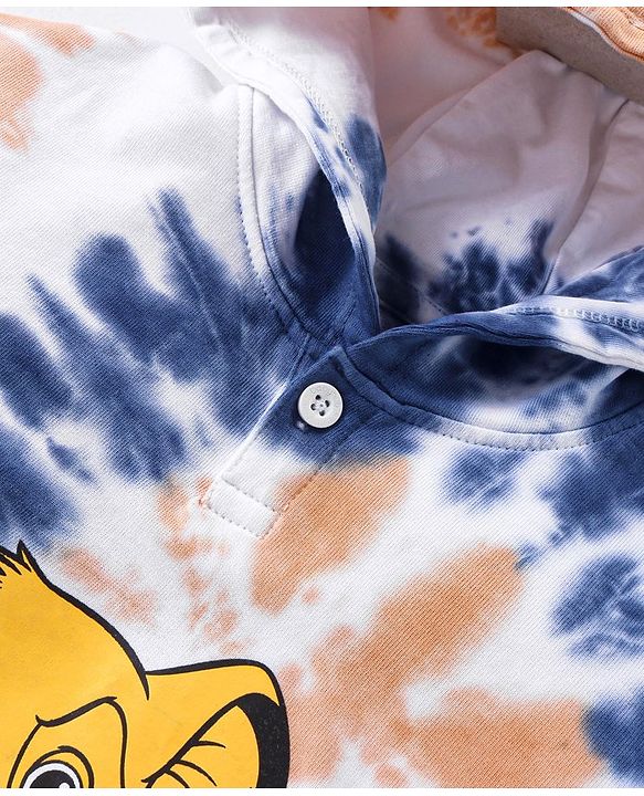 Babyhug Disney Cotton Knit Half Sleeves Hooded Tie & Dye Sweatshirt & Shorts Set With Lion King Graphics & Badge Detailing - Brown & Navy