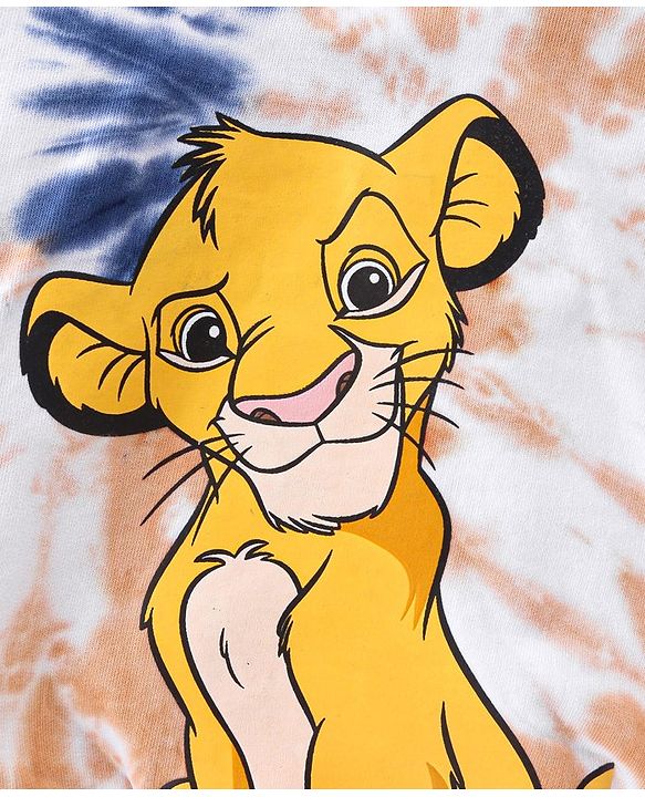 Babyhug Disney Cotton Knit Half Sleeves Hooded Tie & Dye Sweatshirt & Shorts Set With Lion King Graphics & Badge Detailing - Brown & Navy