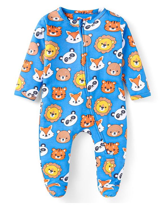 Babyhug Cotton Knit Full Sleeves Sleep Suit With Animals Print - Blue