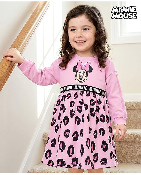 Babyhug Disney Cotton Knit Full Sleeves Frock With Minnie Mouse Graphics - Pink