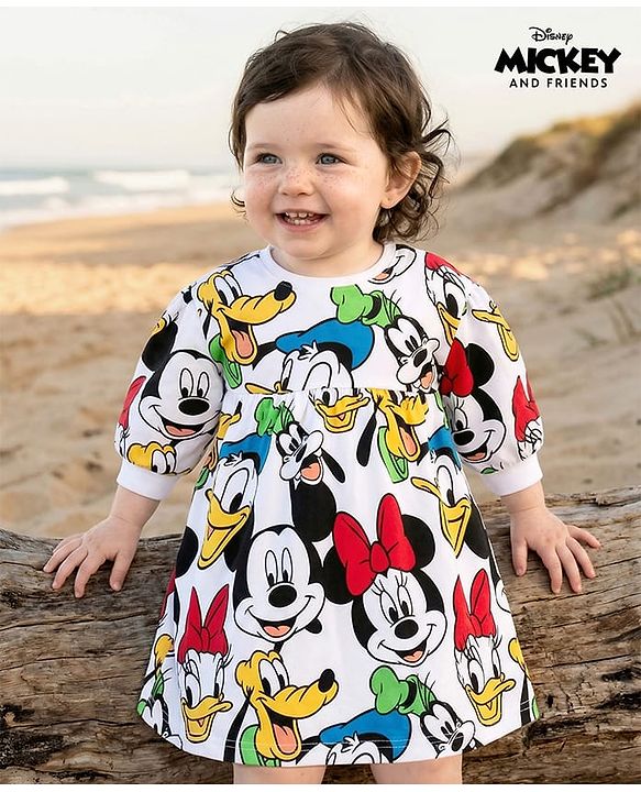 Babyhug Disney Cotton Knit Full Sleeves Frock With Minnie Mouse & Friends All over Print - Multicolor