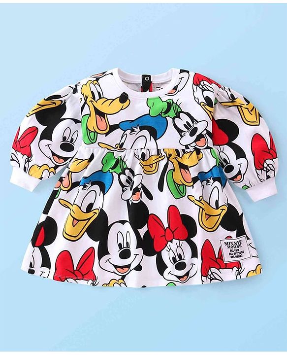 Babyhug Disney Cotton Knit Full Sleeves Frock With Minnie Mouse & Friends All over Print - Multicolor