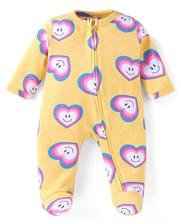 Babyhug Cotton Knit Full Sleeves Sleep Suit With Hearts Print - Mustard