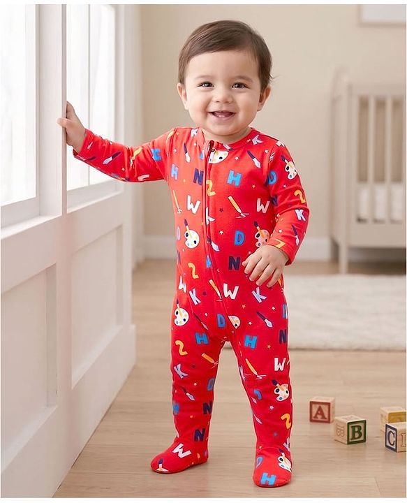 Babyhug Cotton Knit Full Sleeves Alphabet Printed Footed Front Open Sleep Suit - Red
