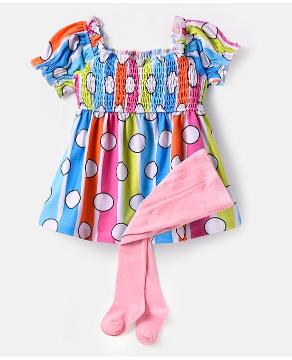 Babyhug Cotton Knit Half Sleeves Polka Dot Printed Frock With Colour Block Design & Stockings - Blue