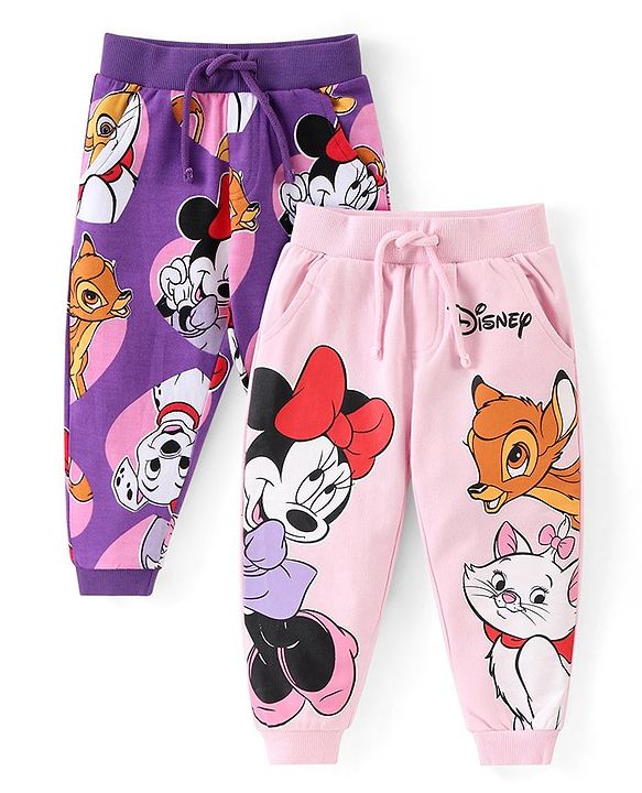 Babyhug Disney Cotton Knit Full Length Lounge Pants With Minnie Mouse & Friends Graphics Pack of 2  - Pink & Purple