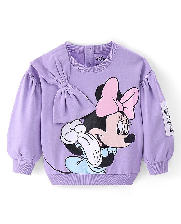 Babyhug Disney Terry Knit Full Sleeves Sweatshirt with Minnie Mouse Graphics & Bow Applique - Lavender