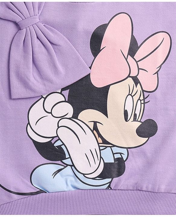 Babyhug Disney Terry Knit Full Sleeves Sweatshirt with Minnie Mouse Graphics & Bow Applique - Lavender