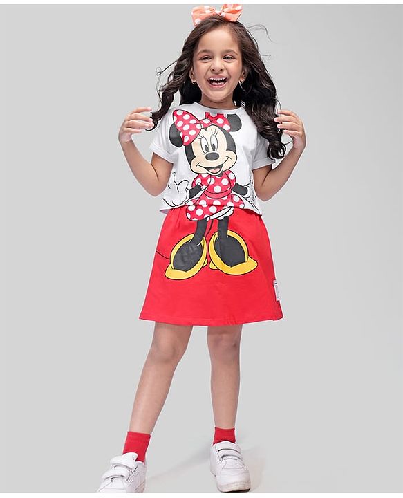 Babyhug Disney Cotton Knit Half Sleeves Top & Skirt Set With Mickey Mouse Graphics & Badge Detailing - Red & White