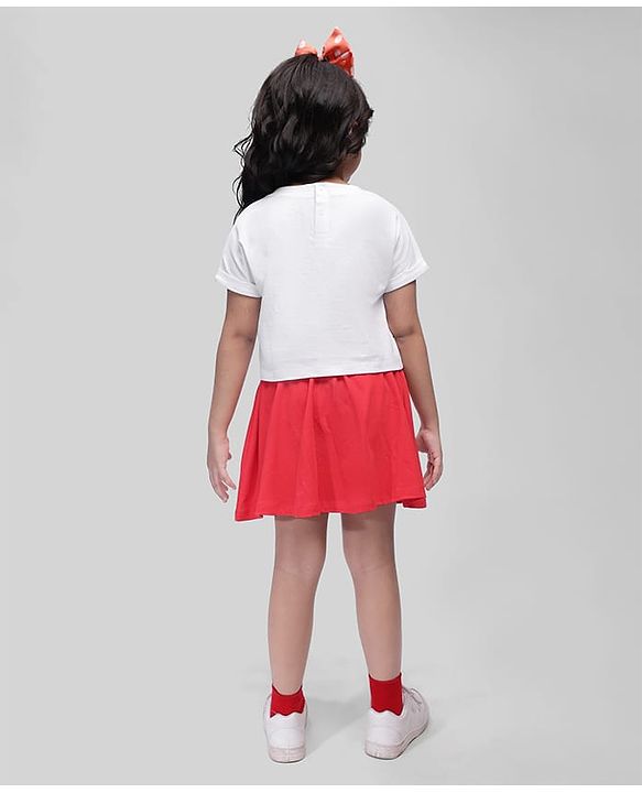Babyhug Disney Cotton Knit Half Sleeves Top & Skirt Set With Mickey Mouse Graphics & Badge Detailing - Red & White