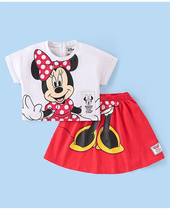Babyhug Disney Cotton Knit Half Sleeves Top & Skirt Set With Mickey Mouse Graphics & Badge Detailing - Red & White