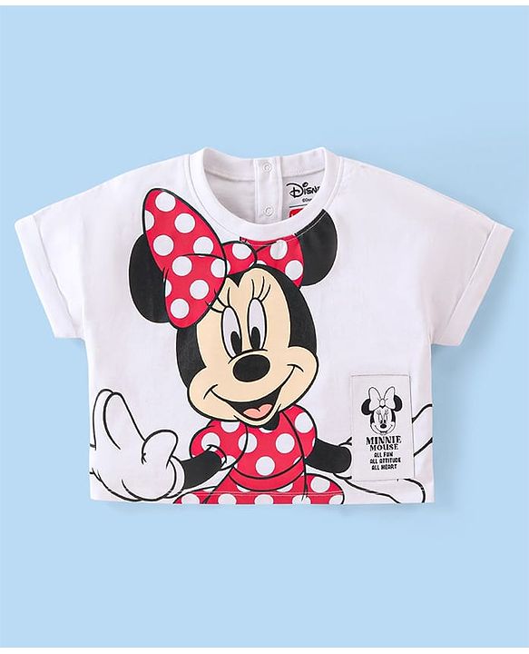 Babyhug Disney Cotton Knit Half Sleeves Top & Skirt Set With Mickey Mouse Graphics & Badge Detailing - Red & White