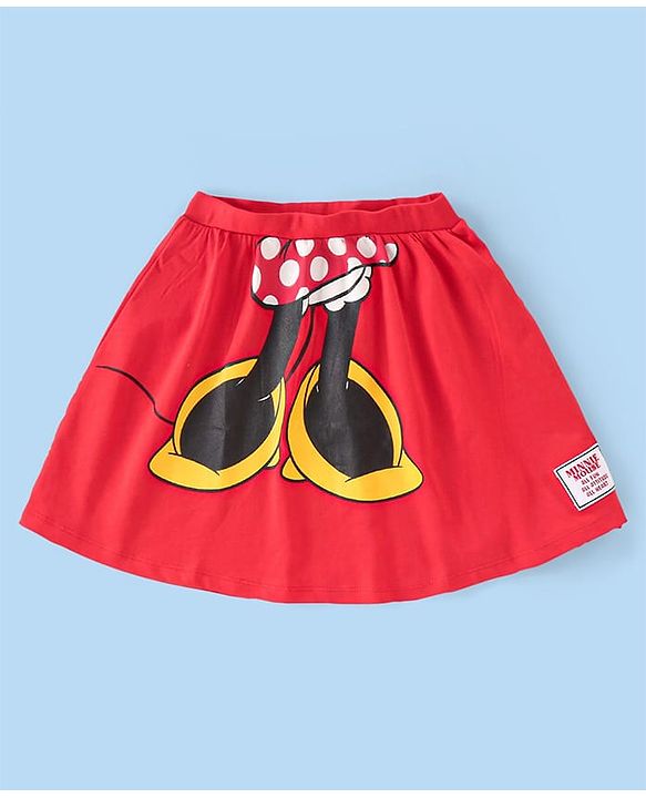 Babyhug Disney Cotton Knit Half Sleeves Top & Skirt Set With Mickey Mouse Graphics & Badge Detailing - Red & White