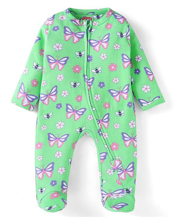 Babyhug Cotton Knit Full Sleeves Butterfly Printed Front Open Sleepsuit - Light Green