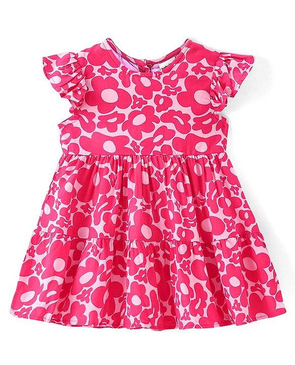 Babyhug Cotton Woven Half Sleeves Frock with Floral Print - Dark Pink