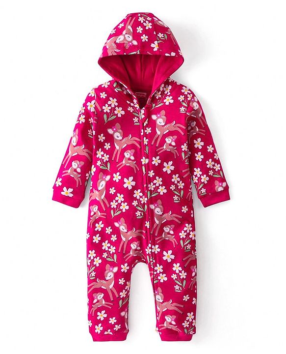 Babyhug 100% Cotton Knit Full Sleeves Hooded Romper with Floral Print - Dark Pink