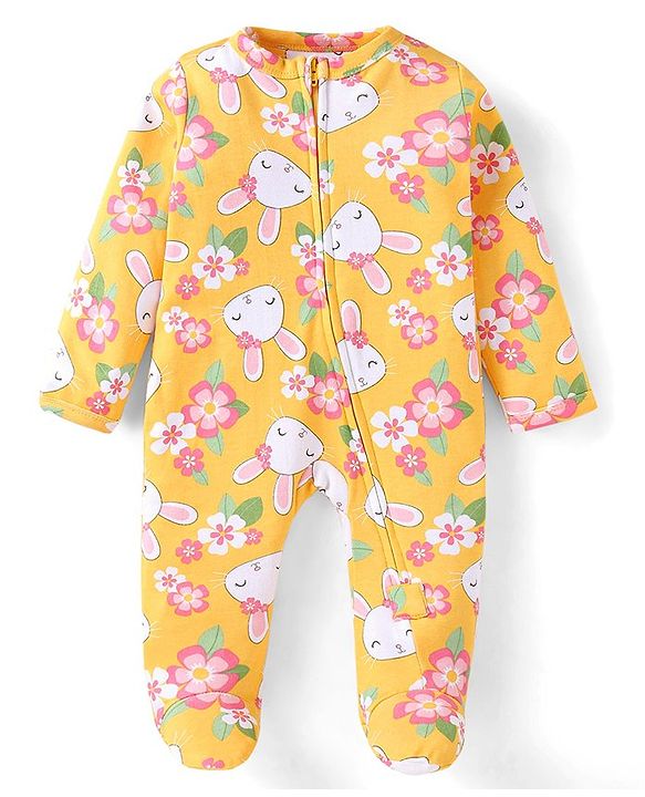 Babyhug Cotton Knit Full Sleeves Front Open Footed Sleep Suit with Floral & Bunny Print - Yellow