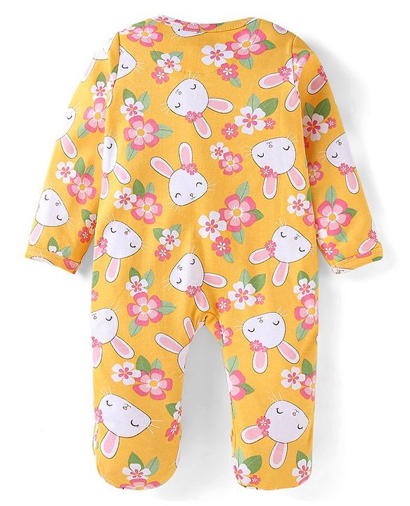 Babyhug Cotton Knit Full Sleeves Front Open Footed Sleep Suit with Floral & Bunny Print - Yellow