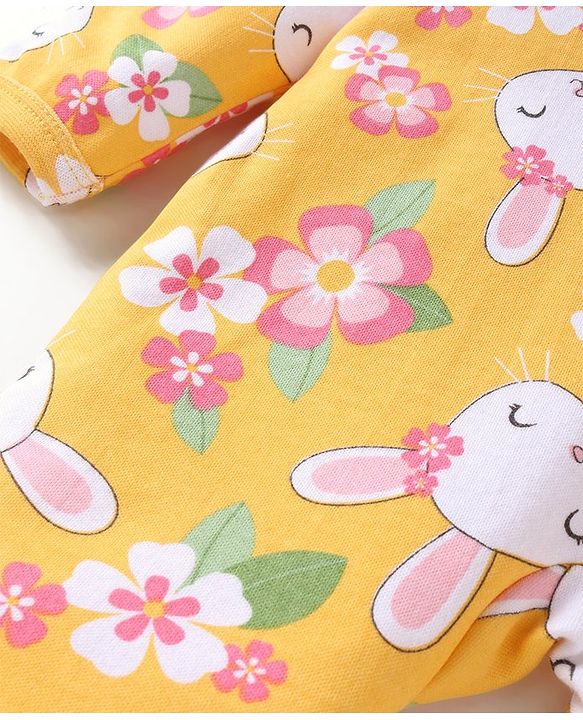 Babyhug Cotton Knit Full Sleeves Front Open Footed Sleep Suit with Floral & Bunny Print - Yellow