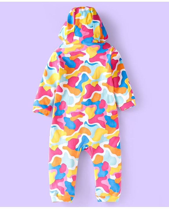 Babyhug 100% Cotton Knit Full Sleeves Printed Hooded Front Open  Romper - Pink Yellow & Red