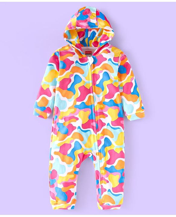 Babyhug 100% Cotton Knit Full Sleeves Printed Hooded Front Open  Romper - Pink Yellow & Red